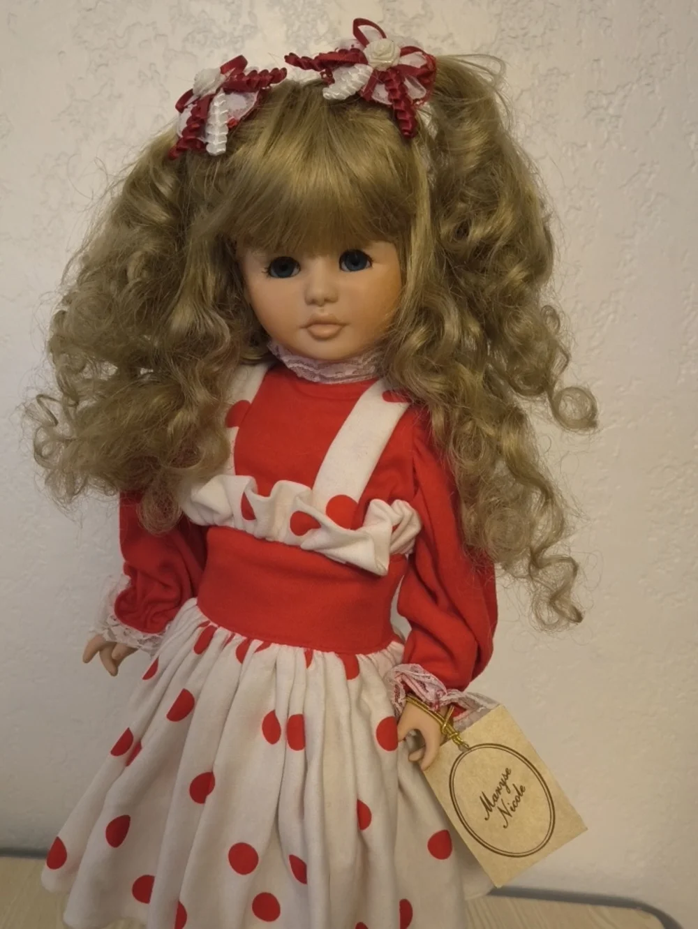 Porcelain Doll In Classic Red and White Polka Dot Dress - 20